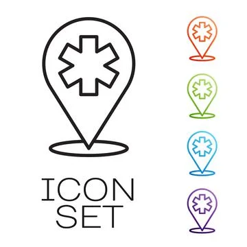 Black line Medical map pointer with cross hospital icon isolated on white 스톡 일러스트