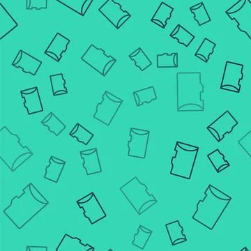 Black line Micro SD memory card icon isolated seamless pattern on green Stock Illustration