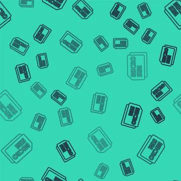 Black line Micro Sim Card icon isolated seamless pattern on green background Stock Illustration