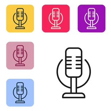 Black line Microphone icon isolated on white background. On air radio mic m.. Illustrazione stock