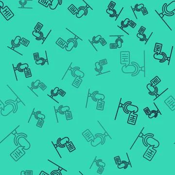 Black line Microphone voice device icon isolated seamless pattern on green Stock Illustration