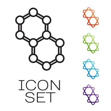 Black line Molecule icon isolated on white background. Structure of molecules in Stock Illustration