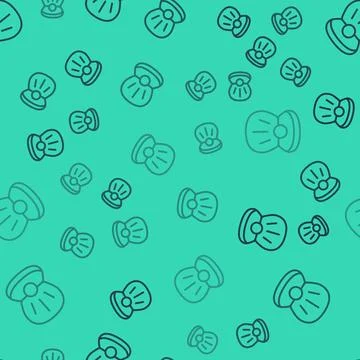 Black line Natural open shell with pearl icon isolated seamless pattern on green Stock Illustration