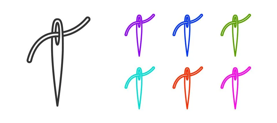 Black line Needle for sewing with thread icon isolated on white background Stock Illustration