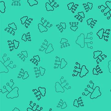 Black line Network cloud connection icon isolated seamless pattern on green 스톡 일러스트