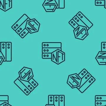 Black line NFT blockchain technology icon isolated seamless pattern on gree.. 스톡 일러스트