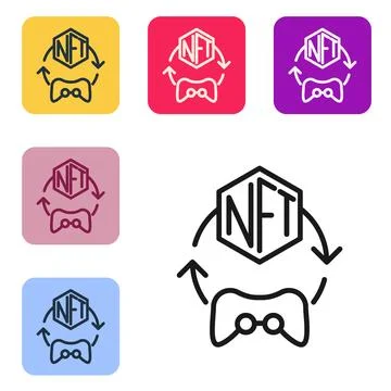 Black line NFT Digital crypto art icon isolated on white background. Non fu.. Ilustração Stock