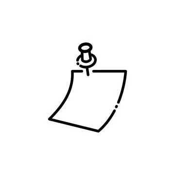 Black line Note paper with pinned pushbutton icon isolated on white backgroun Stock Illustration