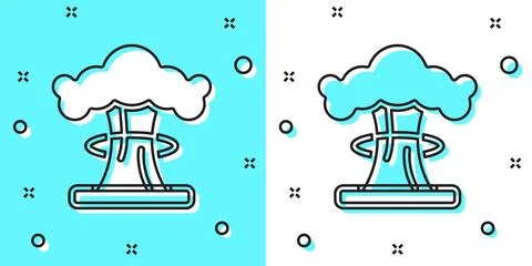 Black line Nuclear explosion icon isolated on green and white background. A.. Stock Illustration
