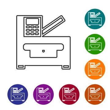 Black line Office multifunction printer copy machine icon isolated on white Stock Illustration