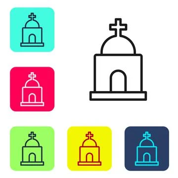 Black line Old crypt icon isolated on white background. Cemetery symbol. Ossuary Ilustración de archivo