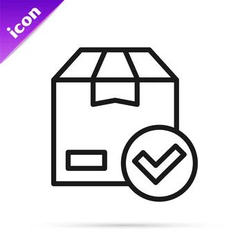 Black line Package box with check mark icon isolated on white background. Parcel Stock Illustration