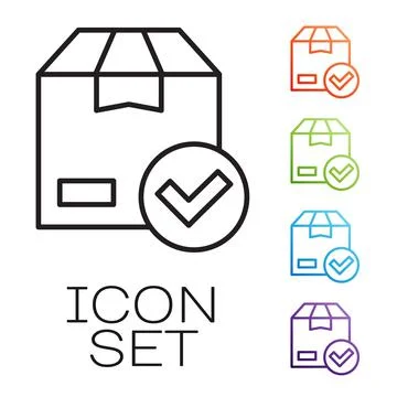 Black line Package box with check mark icon isolated on white background. Parcel Stock Illustration