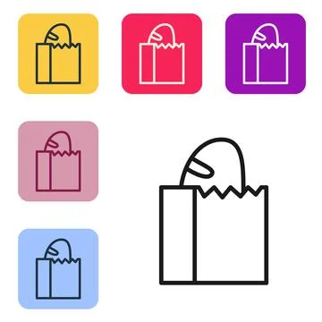Black line Paper bag with bread loaf icon isolated on white background. Set Stock Illustration