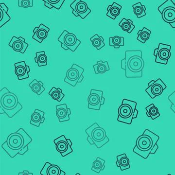 Black line Photo camera icon isolated seamless pattern on green background. Foto イラスト素材