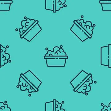 Black line Plastic basin with soap suds icon isolated seamless pattern on green Stock Illustration