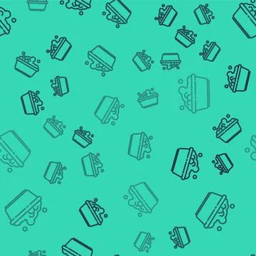 Black line Plastic basin with soap suds icon isolated seamless pattern on green イラスト素材
