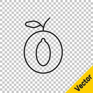 Black line Plum fruit icon isolated on transparent background.  Vector Stock Illustration
