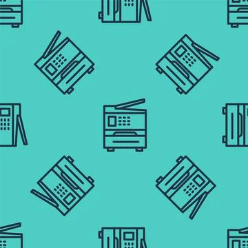 Black line Printer icon isolated seamless pattern on green background. Vector Illustrazione stock