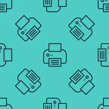 Black line Printer icon isolated seamless pattern on green background. Vector Stock Illustration