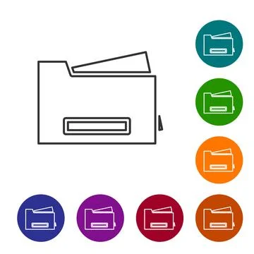 Black line Printer icon isolated on white background. Set icons in color circle Stock Illustration