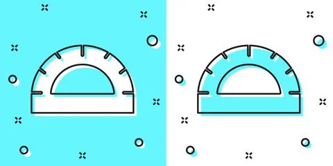 Black line Protractor grid for measuring degrees icon isolated on green and Stock Illustration