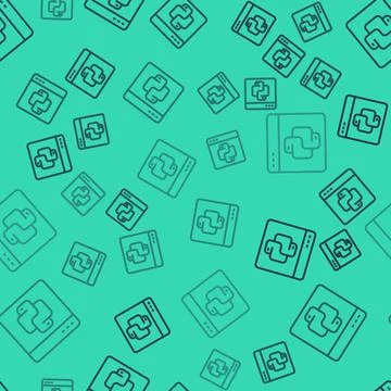 Black line Python programming language icon isolated seamless pattern on green Illustration