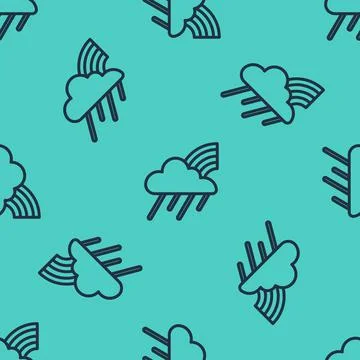 Black line Rainbow with cloud and rain icon isolated seamless pattern on green Stock Illustration