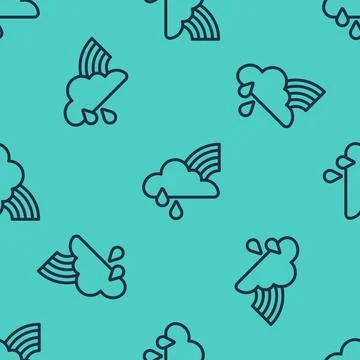 Black line Rainbow with cloud and rain icon isolated seamless pattern on green Stock Illustration