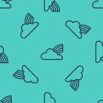 Black line Rainbow with clouds icon isolated seamless pattern on green Stock Illustration