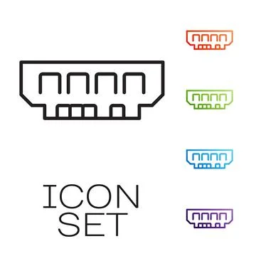 Black line RAM, random access memory icon isolated on white background. Set Stock Illustration