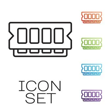 Black line RAM, random access memory icon isolated on white background. Set Stock-Illustration