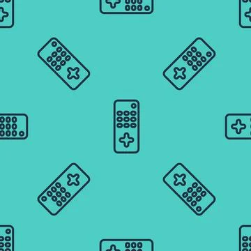 Black line Remote control icon isolated seamless pattern on green background Stock Illustration