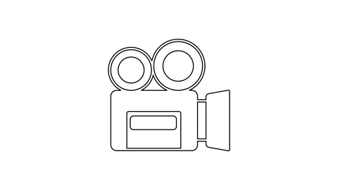 Black line Retro cinema camera icon isolated on white background. Video camera Stock Footage 225880101