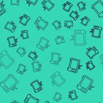 Black line Retro tv icon isolated seamless pattern on green background Stock Illustration