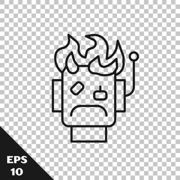 Black line Robot burned out icon isolated on transparent background. Vector Stock Illustration