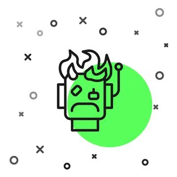 Black line Robot burned out icon isolated on white background. Vector Stock Illustration