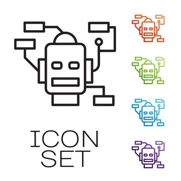 Black line Robot icon isolated on white background. Artificial intelligence Illustrazione stock