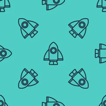 Black line Rocket ship icon isolated seamless pattern on green background. Space Stock Illustration
