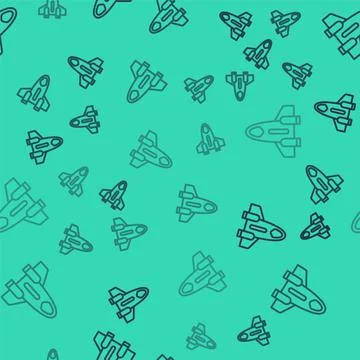 Black line Rocket ship icon isolated seamless pattern on green background. Space Illustrazione stock