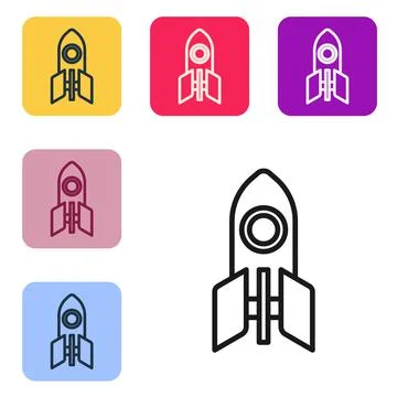 Black line Rocket ship icon isolated on white background. Space travel. Set Illustrazione stock