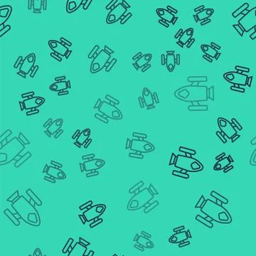 Black line Rocket ship icon isolated seamless pattern on green background. Space Stock Illustration