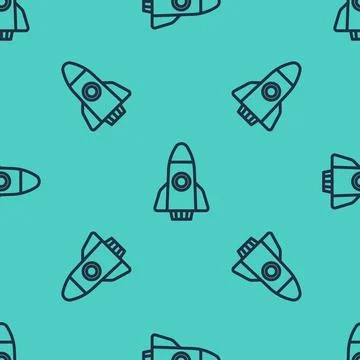 Black line Rocket ship icon isolated seamless pattern on green background. Space Illustrazione stock