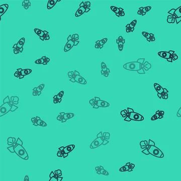 Black line Rocket ship icon isolated seamless pattern on green background. Space Illustrazione stock