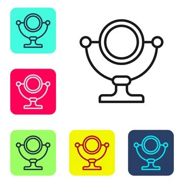 Black line Round makeup mirror icon isolated on white background. Set icons in Stock Illustration