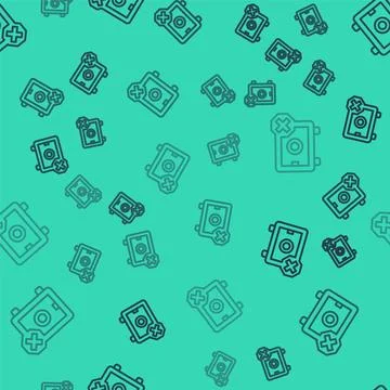 Black line Safe icon isolated seamless pattern on green background. The doo.. 스톡 일러스트