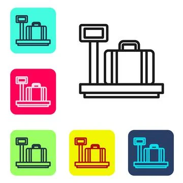 Black line Scale with suitcase icon isolated on white background. Logistic and Stockillustratie
