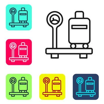Black line Scale with suitcase icon isolated on white background. Logistic and Illustration