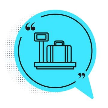 Black line Scale with suitcase icon isolated on white background. Logistic an Stock Illustration
