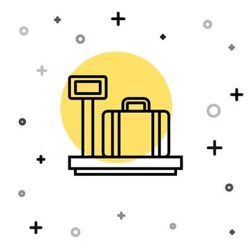 Black line Scale with suitcase icon isolated on white background. Logistic an Illustration